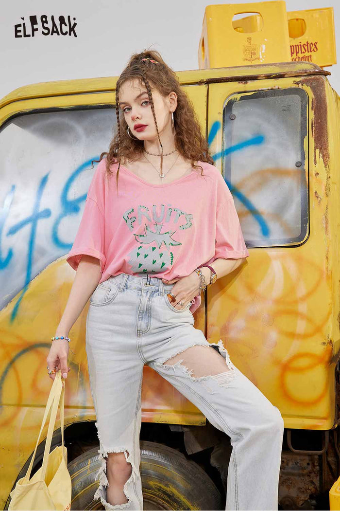 ELFSACK Cute Fruit Graphic Tee with V Neck
