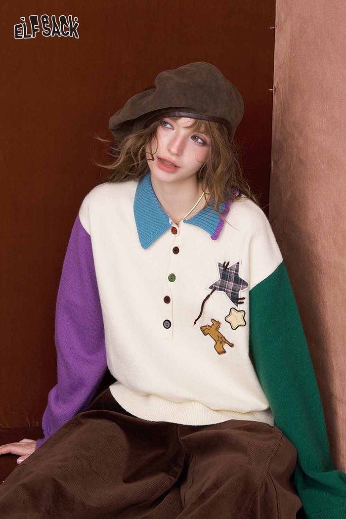 ELFSACK Cute Graphic Color Block Polo Neck Sweater