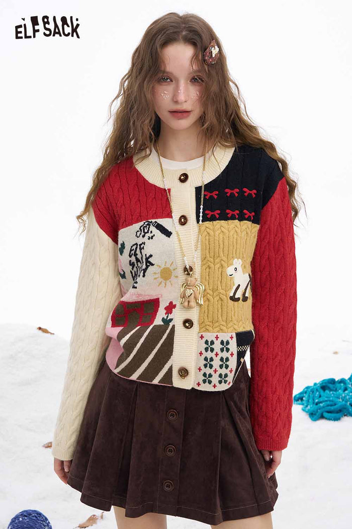 ELFSACK Cute Graphic Patchwork Slim Fit Button Cardigan