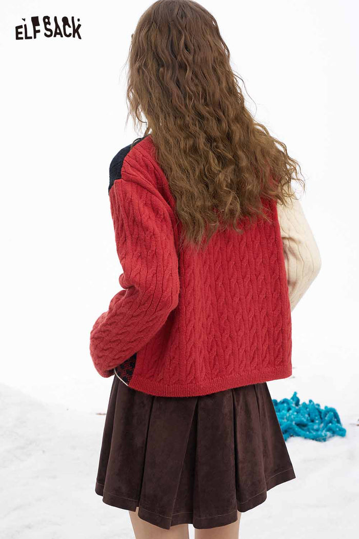 ELFSACK Cute Graphic Patchwork Slim Fit Button Cardigan