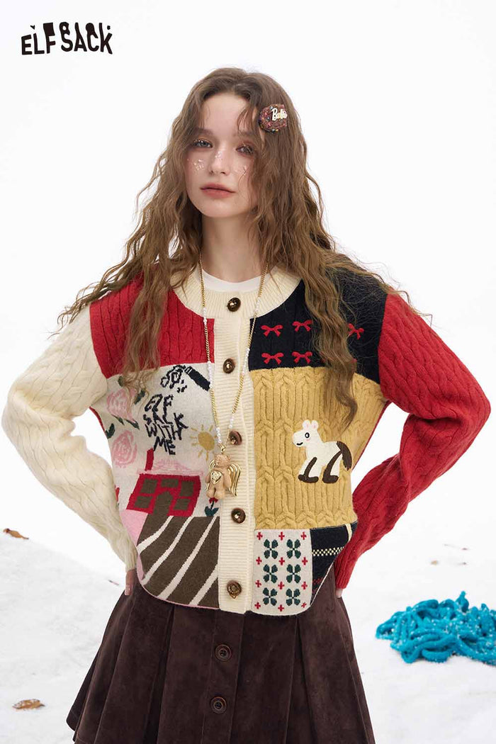 ELFSACK Cute Graphic Patchwork Slim Fit Button Cardigan