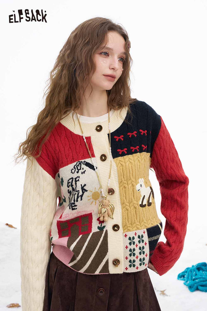 ELFSACK Cute Graphic Patchwork Slim Fit Button Cardigan