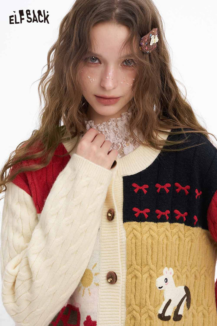 ELFSACK Cute Graphic Patchwork Slim Fit Button Cardigan