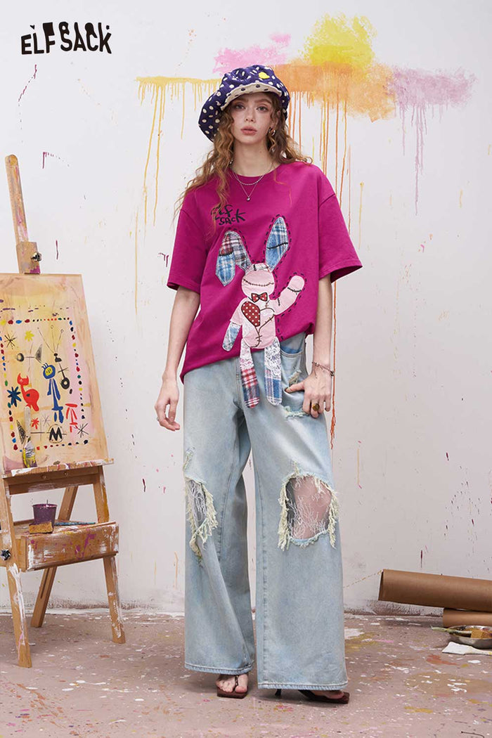 ELFSACK Cute Graphic Short Sleeve T Shirt with Rabbit Patch