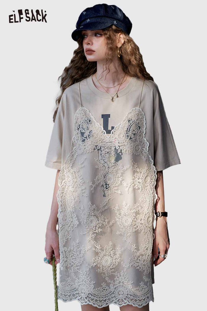ELFSACK Cute Lace Overlay T Shirt Dress