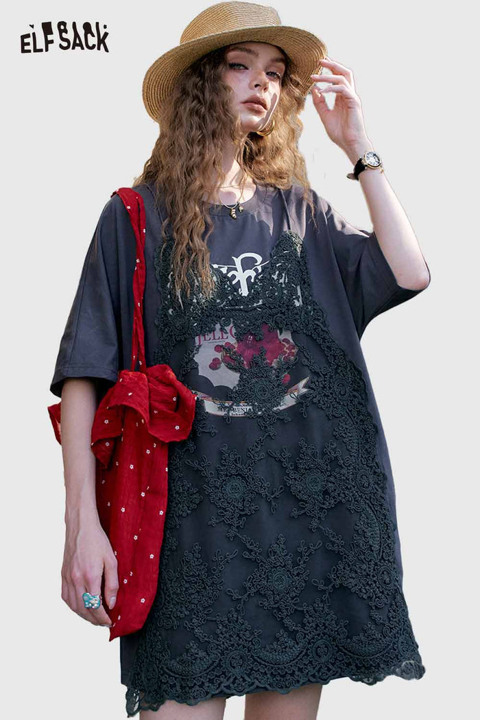 ELFSACK Cute Lace Overlay T Shirt Dress