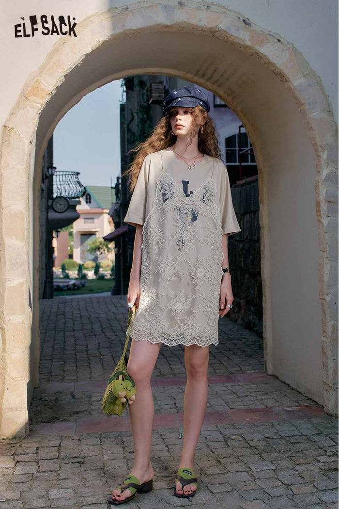 ELFSACK Cute Lace Overlay T Shirt Dress
