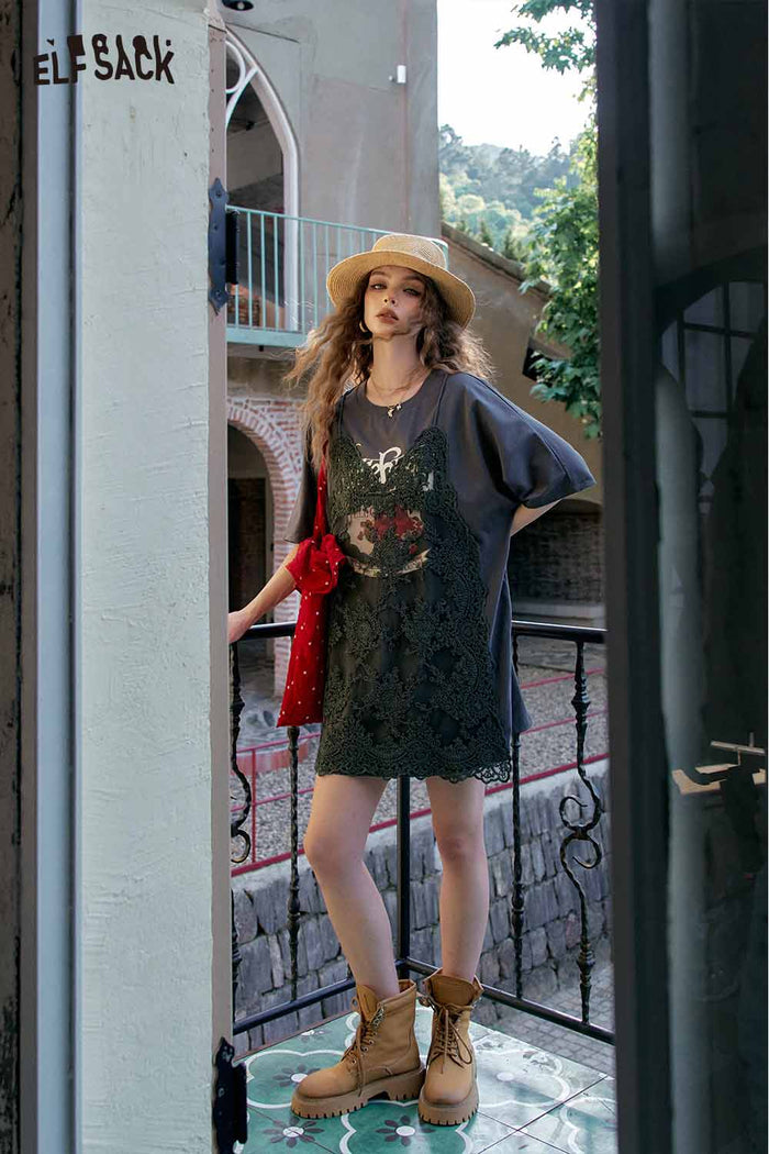 ELFSACK Cute Lace Overlay T Shirt Dress