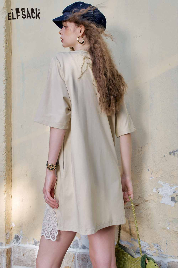ELFSACK Cute Lace Overlay T Shirt Dress