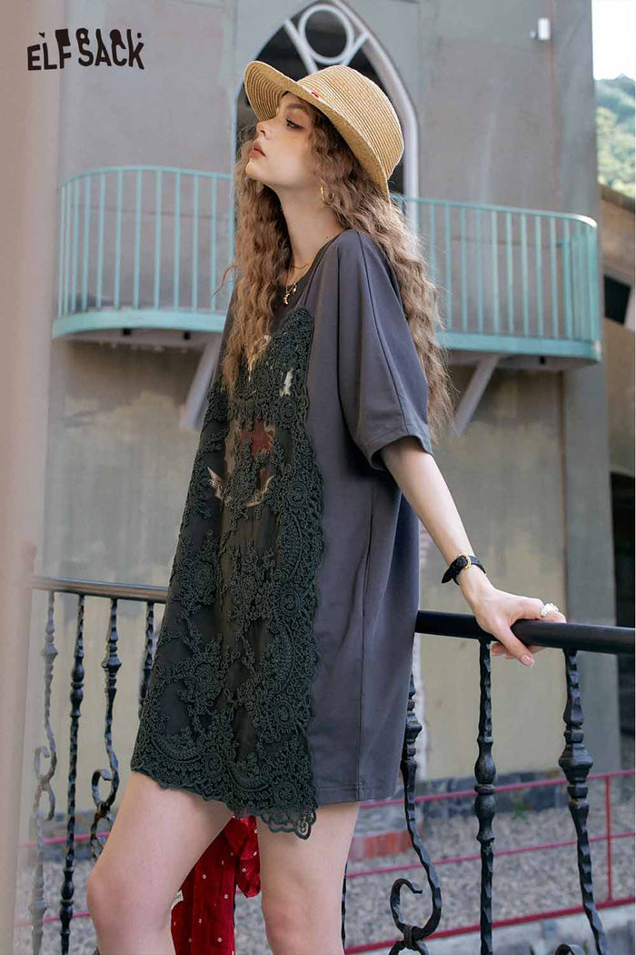 ELFSACK Cute Lace Overlay T Shirt Dress