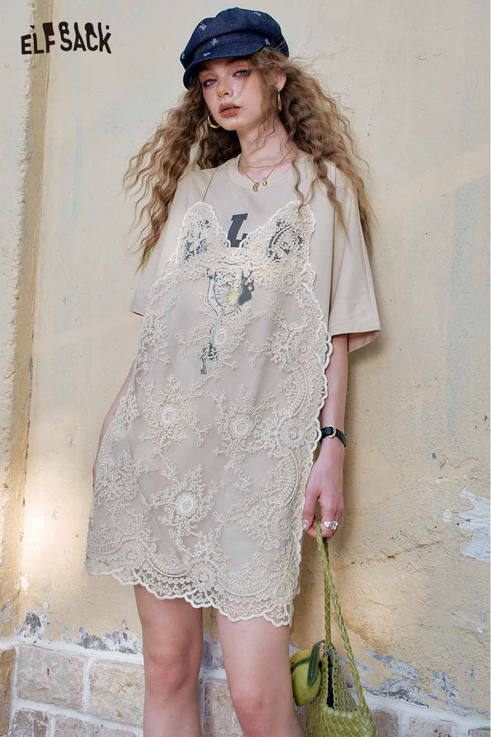 ELFSACK Cute Lace Overlay T Shirt Dress