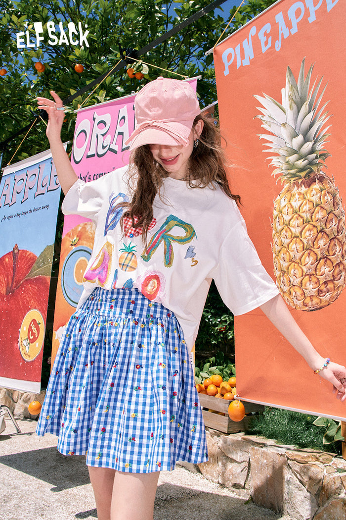 ELFSACK Cute Letter Print Loose Fit Short Sleeve T-shirt