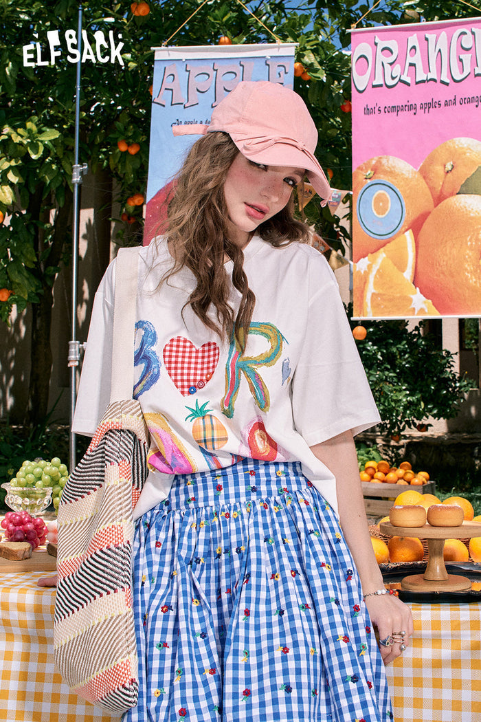 ELFSACK Cute Letter Print Loose Fit Short Sleeve T-shirt