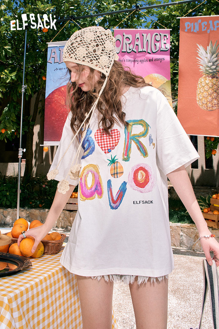 ELFSACK Cute Letter Print Loose Fit Short Sleeve T-shirt
