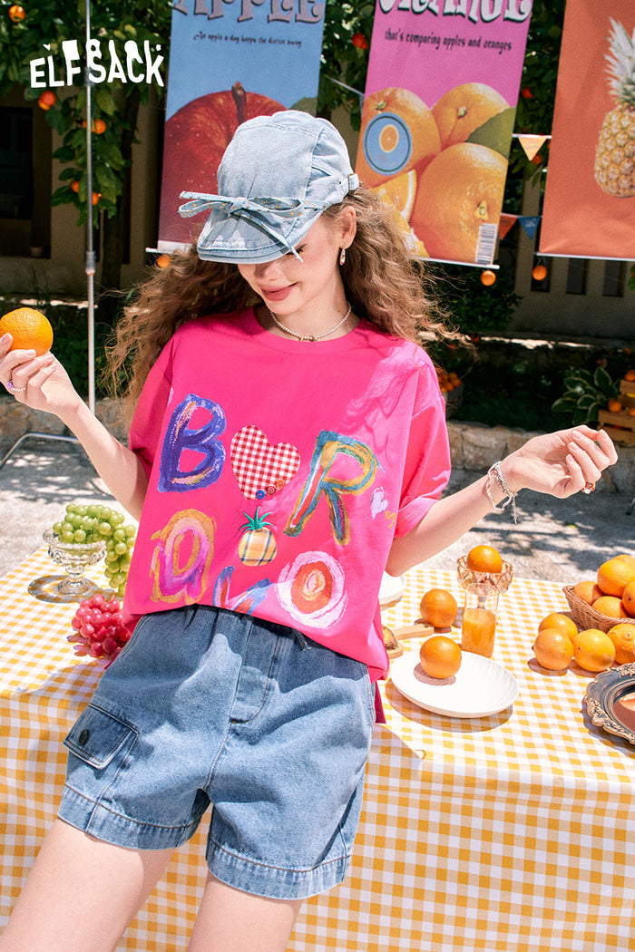 ELFSACK Cute Letter Print Loose Fit Short Sleeve T-shirt
