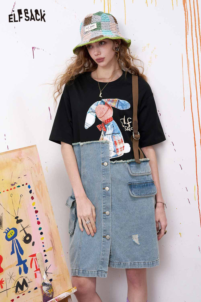 ELFSACK Cute Midi Dress with Black Bunny Patchwork
