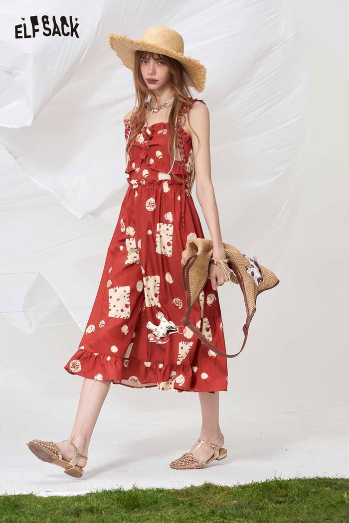 ELFSACK Cute Red Polka Dot Print Cami Dress