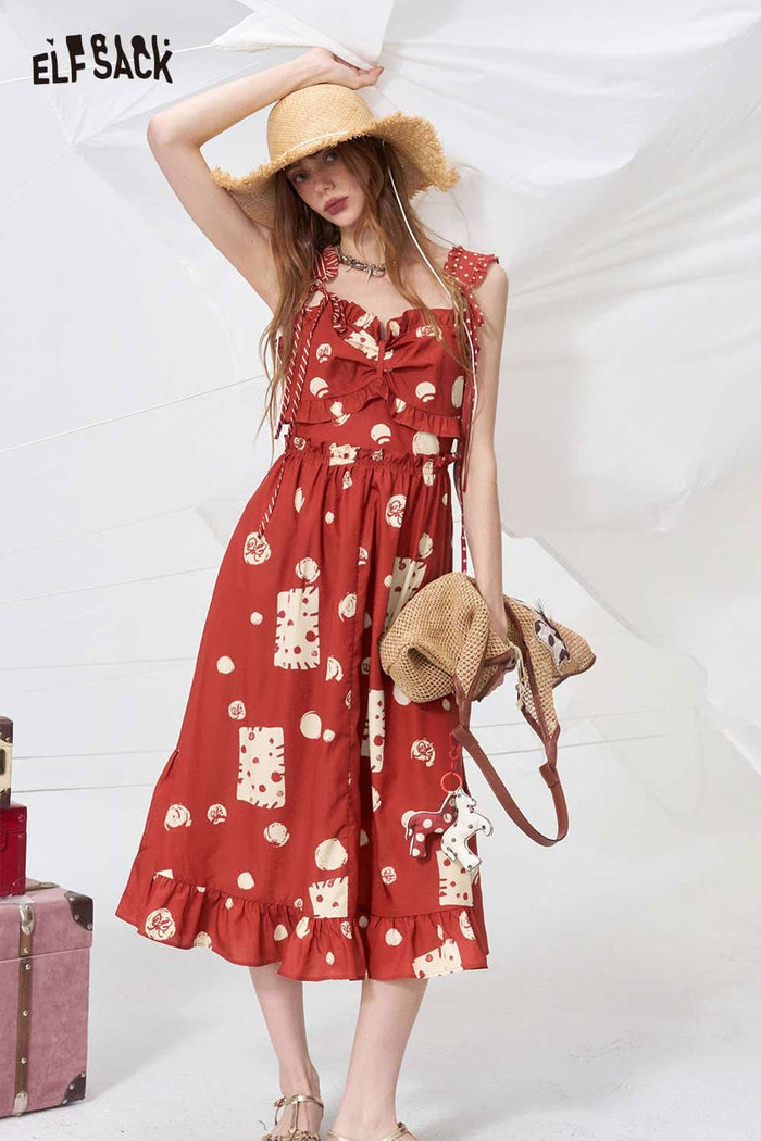 ELFSACK Cute Red Polka Dot Print Cami Dress