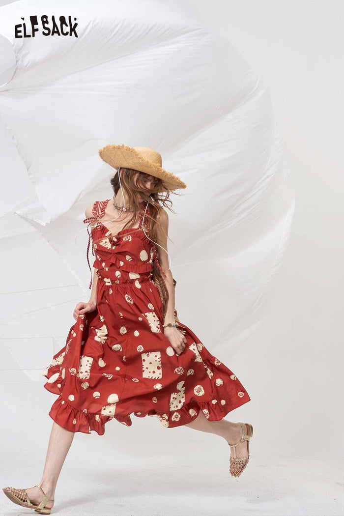 ELFSACK Cute Red Polka Dot Print Cami Dress