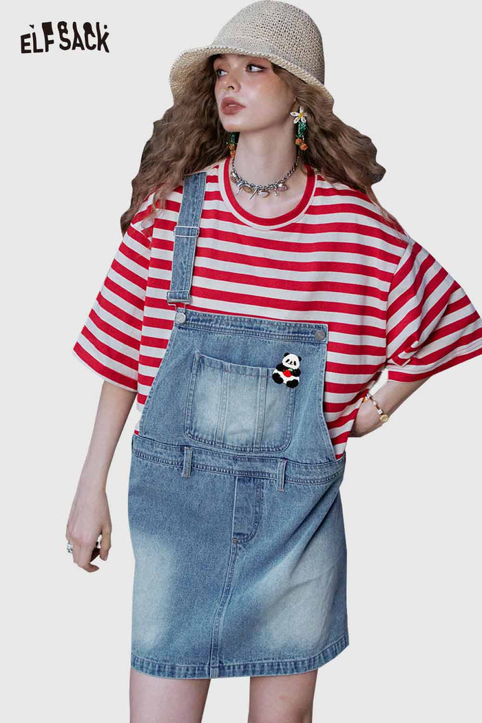 ELFSACK Cute Striped Fake Two Piece Denim Jumper Dress