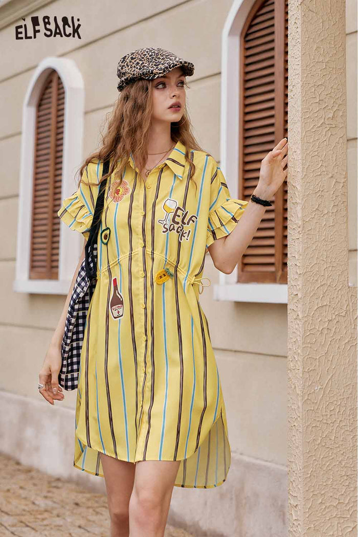 ELFSACK Cute Striped Flutter Sleeve Shirt Drawstring Dress