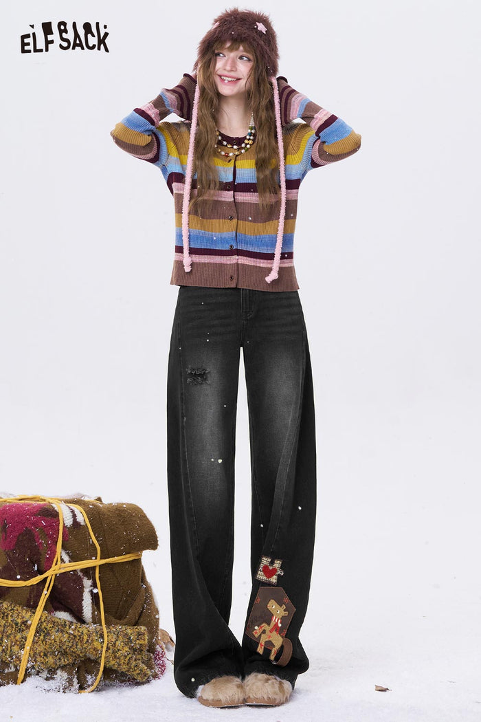 ELFSACK Deer Graphic Patchwork Loose Wide Leg High Waist Jeans