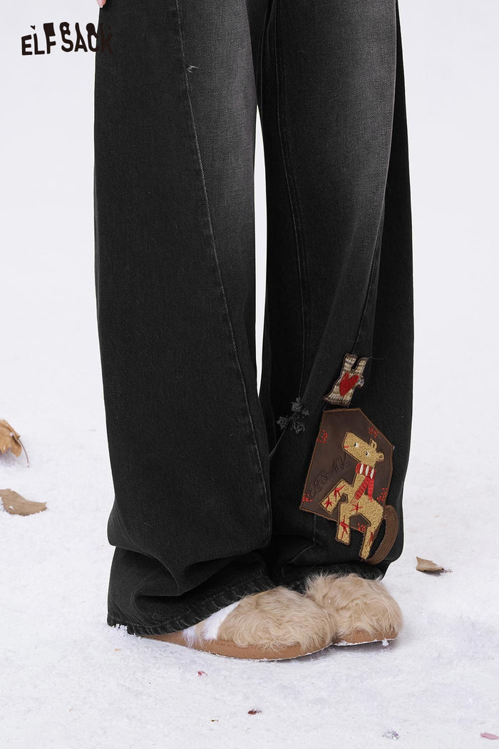 ELFSACK Deer Graphic Patchwork Loose Wide Leg High Waist Jeans