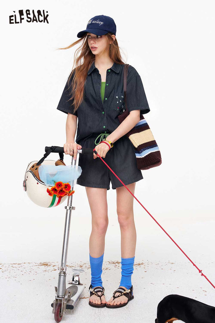 ELFSACK Denim Embroidered Shirt Shorts Set