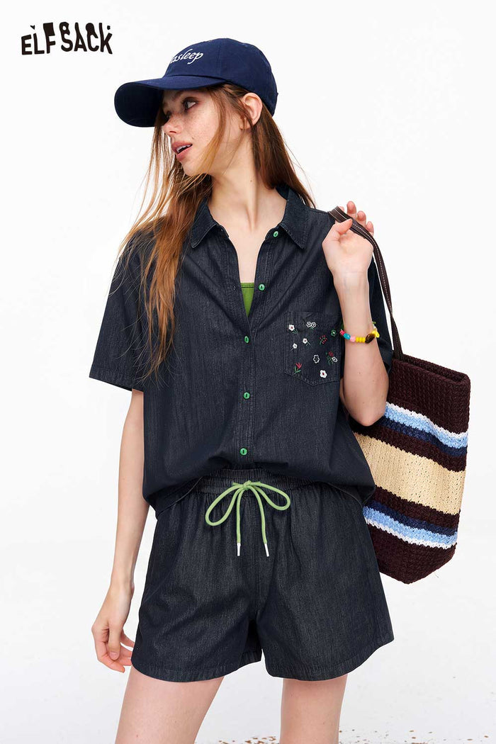 ELFSACK Denim Embroidered Shirt Shorts Set