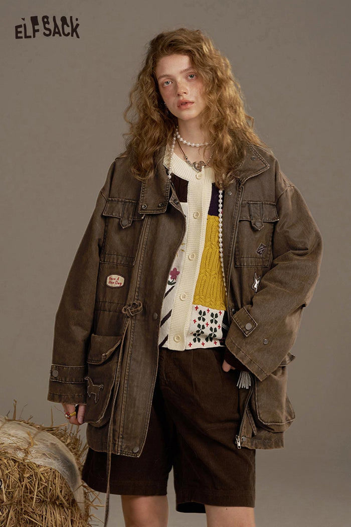 ELFSACK Denim Multiple Pockets Decorations Loose Jacket