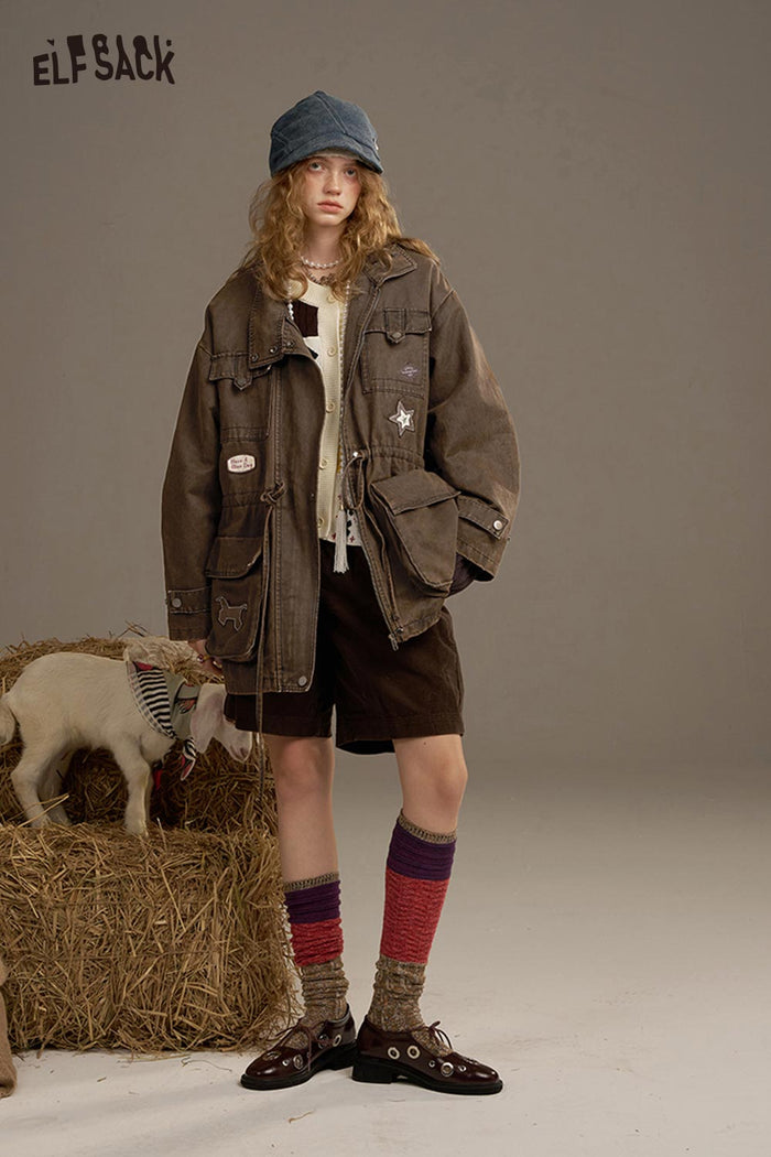 ELFSACK Denim Multiple Pockets Decorations Loose Jacket