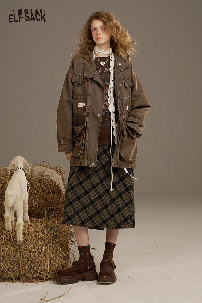 ELFSACK Denim Multiple Pockets Decorations Loose Jacket