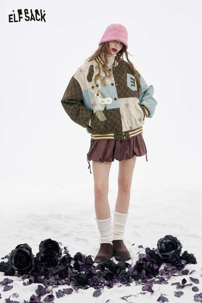 ELFSACK Design Floral Pattern Animal Graphic Patchwork Cotton Coat