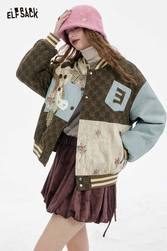 ELFSACK Design Floral Pattern Animal Graphic Patchwork Cotton Coat