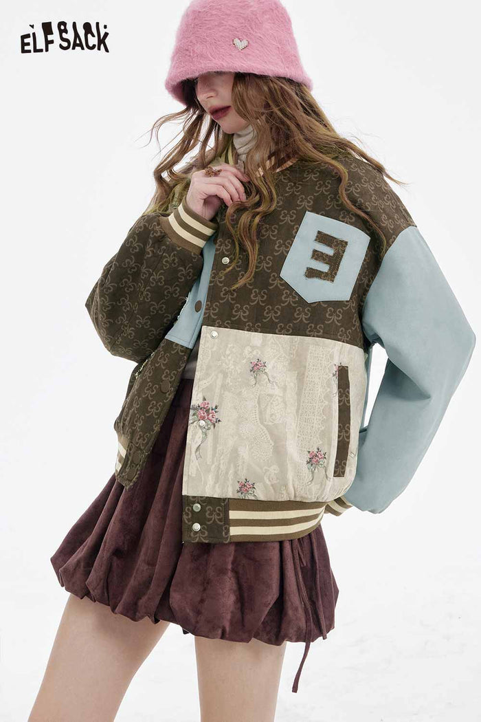 ELFSACK Design Floral Pattern Animal Graphic Patchwork Cotton Coat