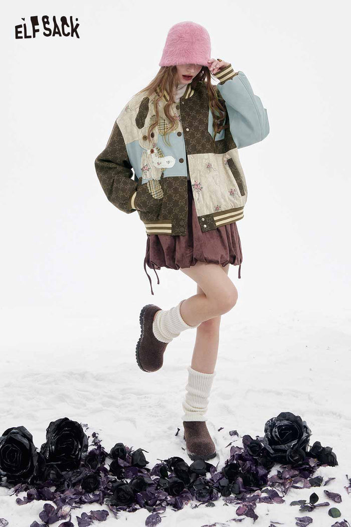 ELFSACK Design Floral Pattern Animal Graphic Patchwork Cotton Coat