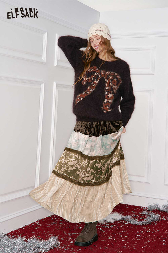 ELFSACK Design Pattern Section Patchwork Long Skirt