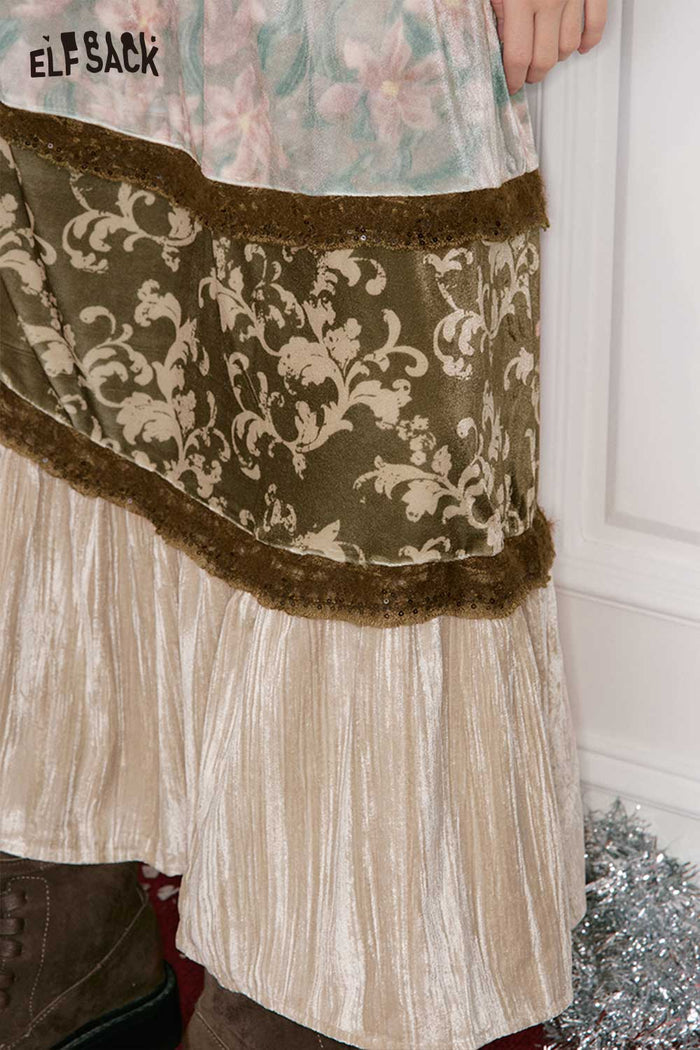 ELFSACK Design Pattern Section Patchwork Long Skirt