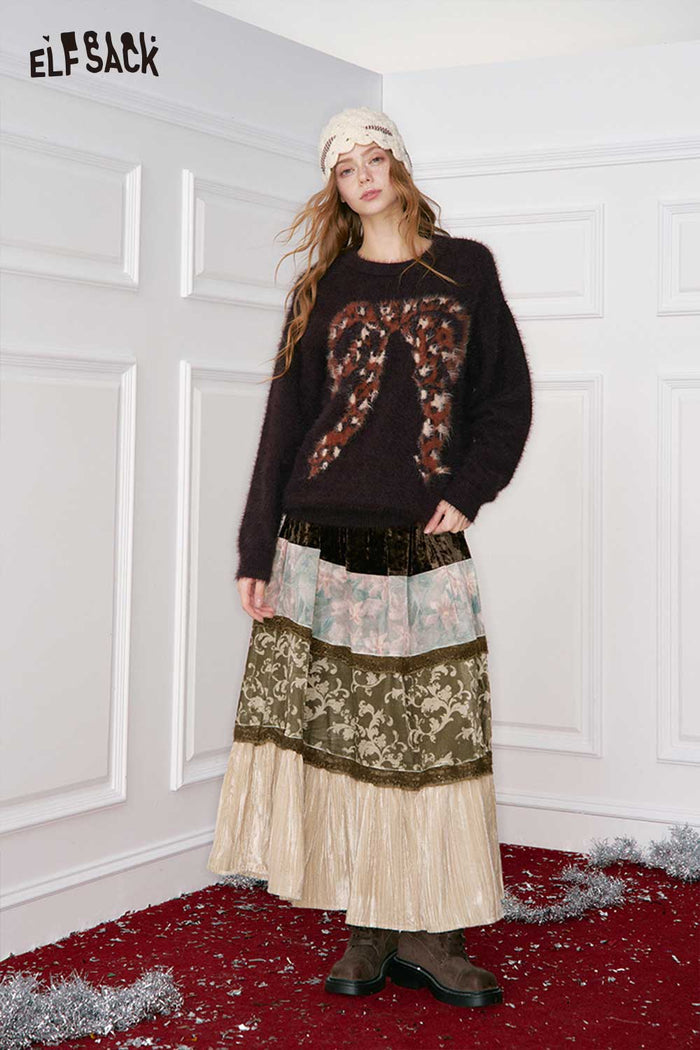ELFSACK Design Pattern Section Patchwork Long Skirt