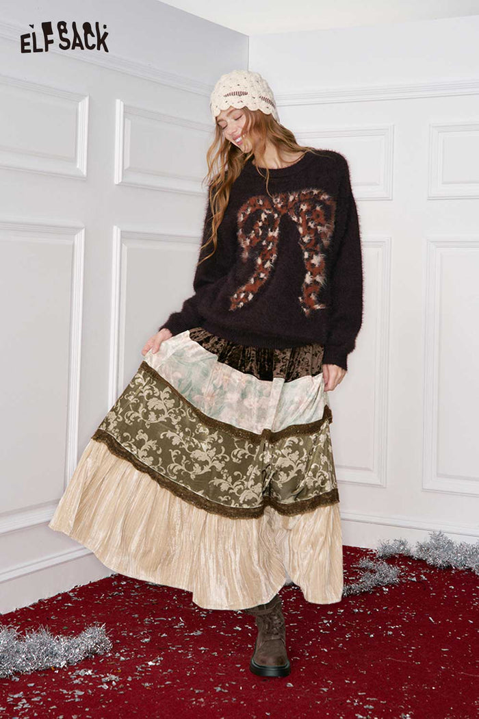 ELFSACK Design Pattern Section Patchwork Long Skirt