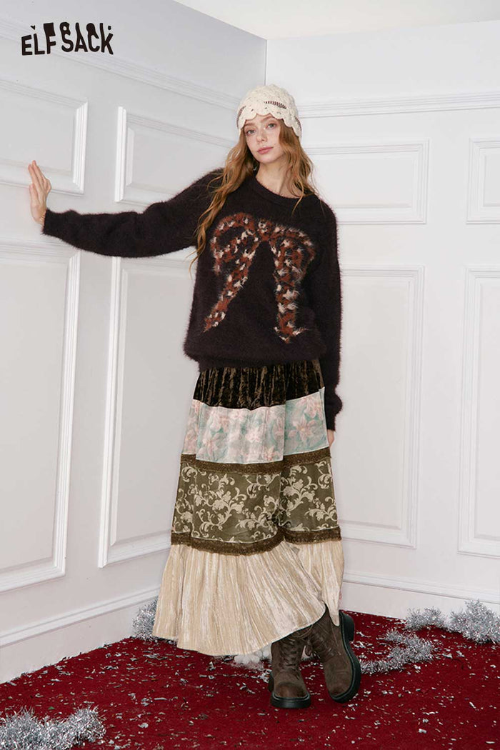 ELFSACK Design Pattern Section Patchwork Long Skirt
