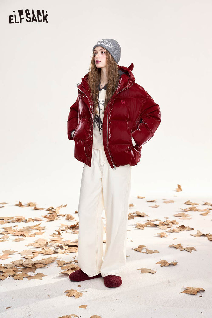 ELFSACK Devil Horn Faux Leather Down Jacket with Bow Embroidery