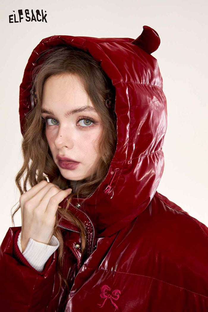 ELFSACK Devil Horn Faux Leather Down Jacket with Bow Embroidery