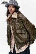 ELFSACK Diamond checkered imitation plush lapel short PU jacket