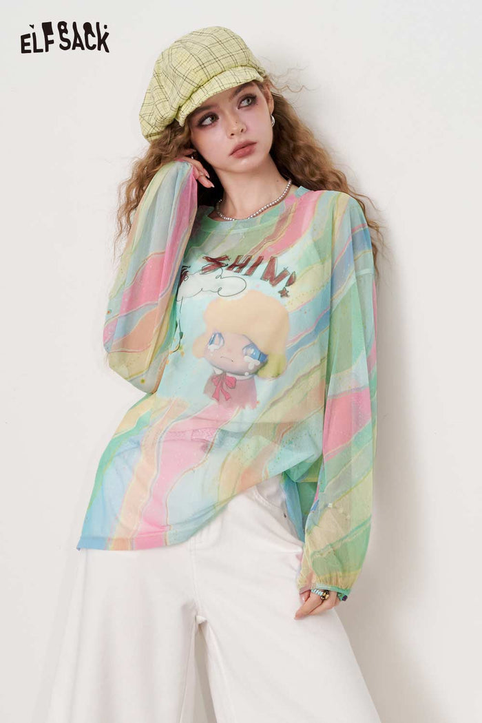 ELFSACK Dopamine Print Mesh Long Sleeve Vacation Cover-Up