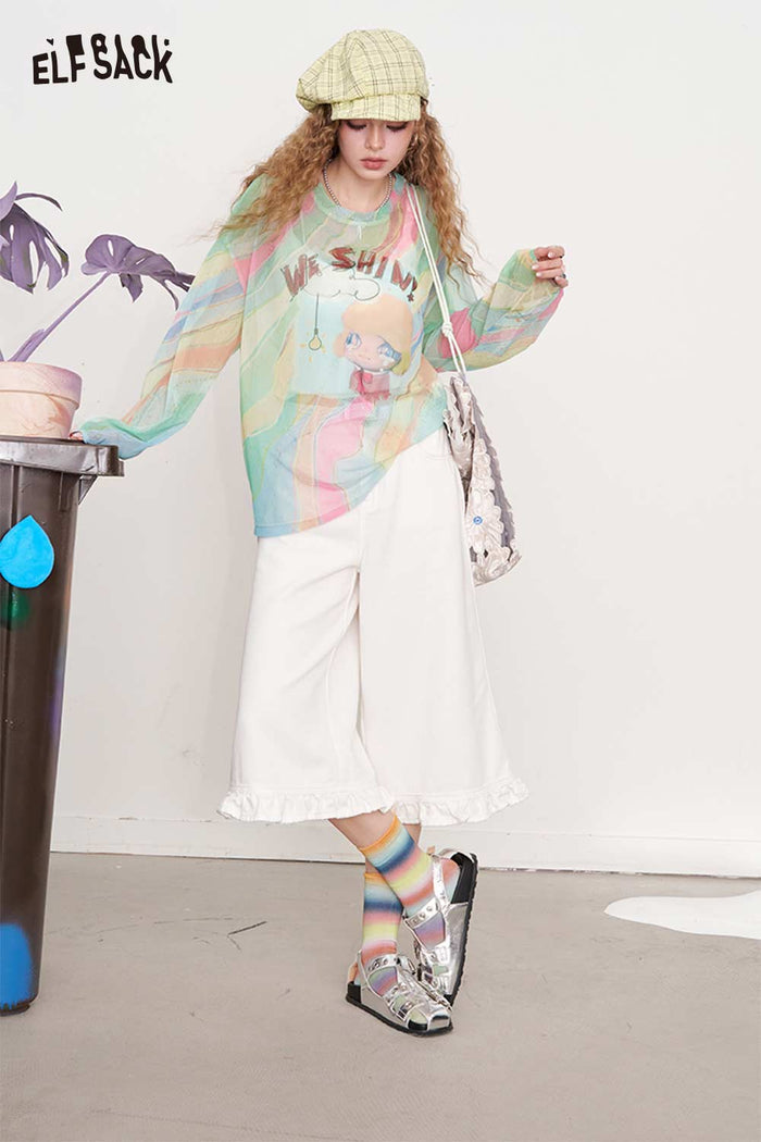 ELFSACK Dopamine Print Mesh Long Sleeve Vacation Cover-Up