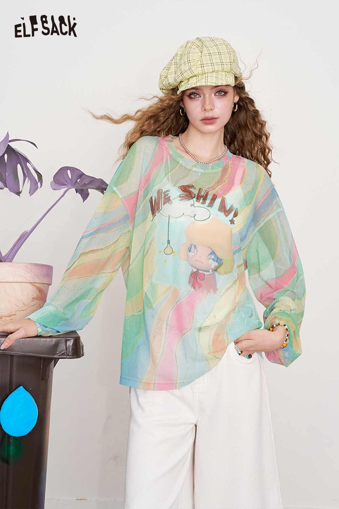 ELFSACK Dopamine Print Mesh Long Sleeve Vacation Cover-Up