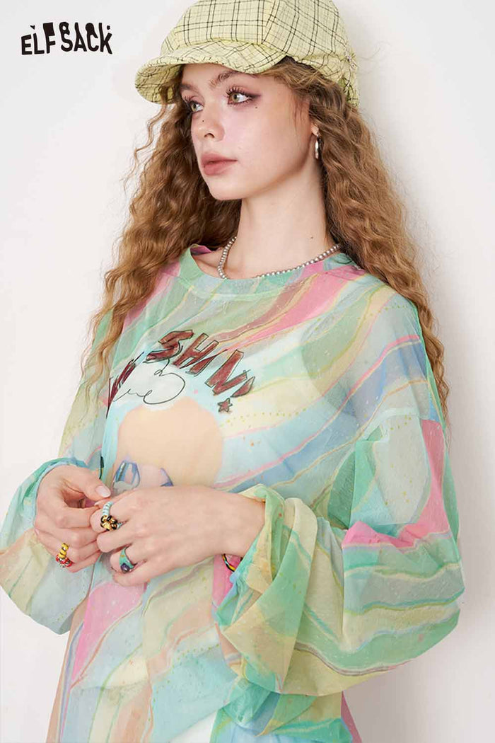 ELFSACK Dopamine Print Mesh Long Sleeve Vacation Cover-Up