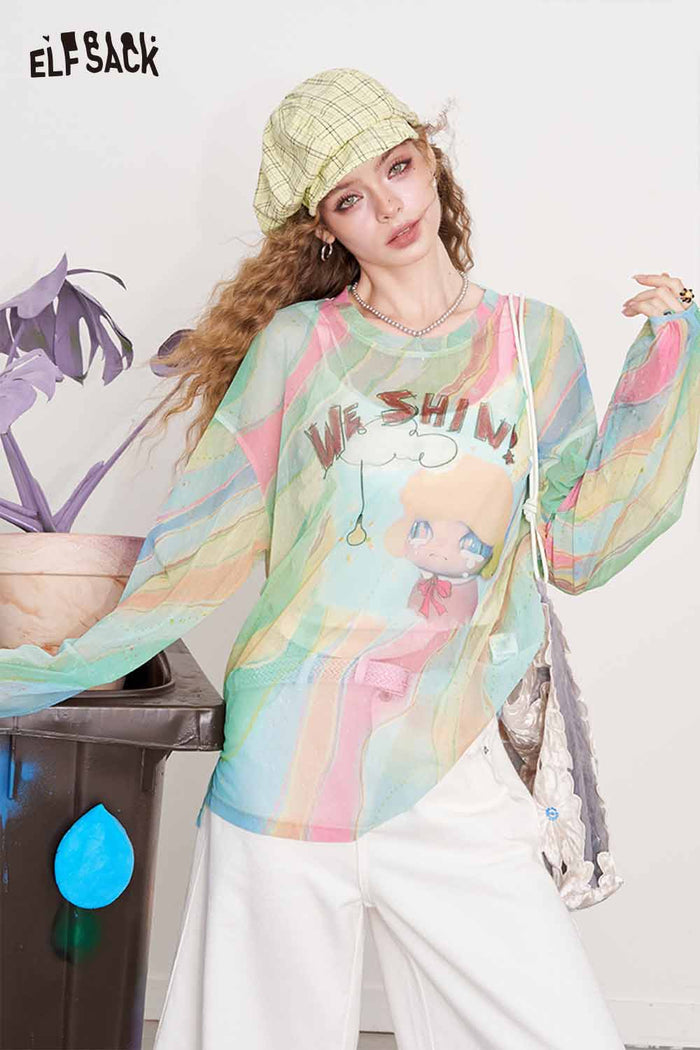 ELFSACK Dopamine Print Mesh Long Sleeve Vacation Cover-Up