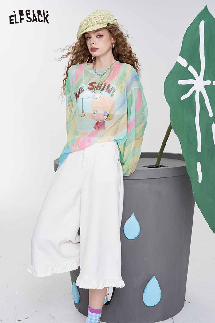 ELFSACK Dopamine Print Mesh Long Sleeve Vacation Cover-Up